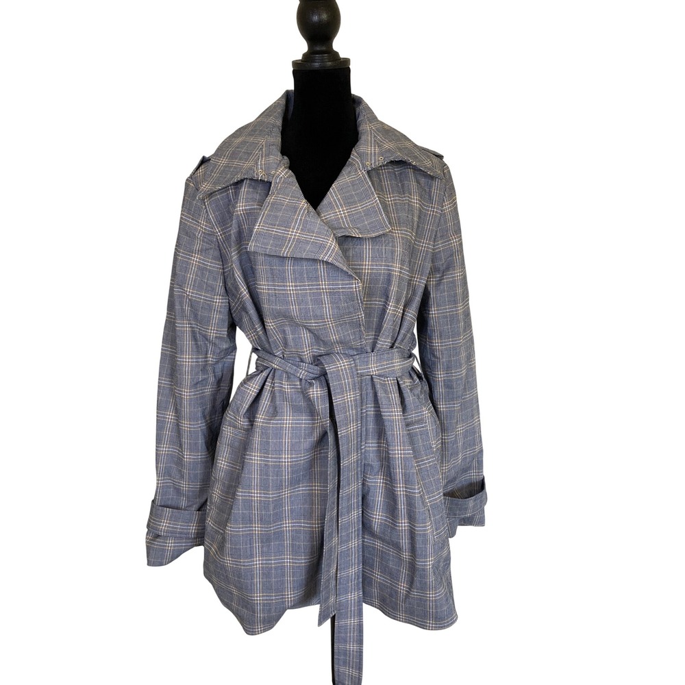 Carolina Belle Montreal Blue Plaid Belted Trench Coat Jacket XL Classic Preppy